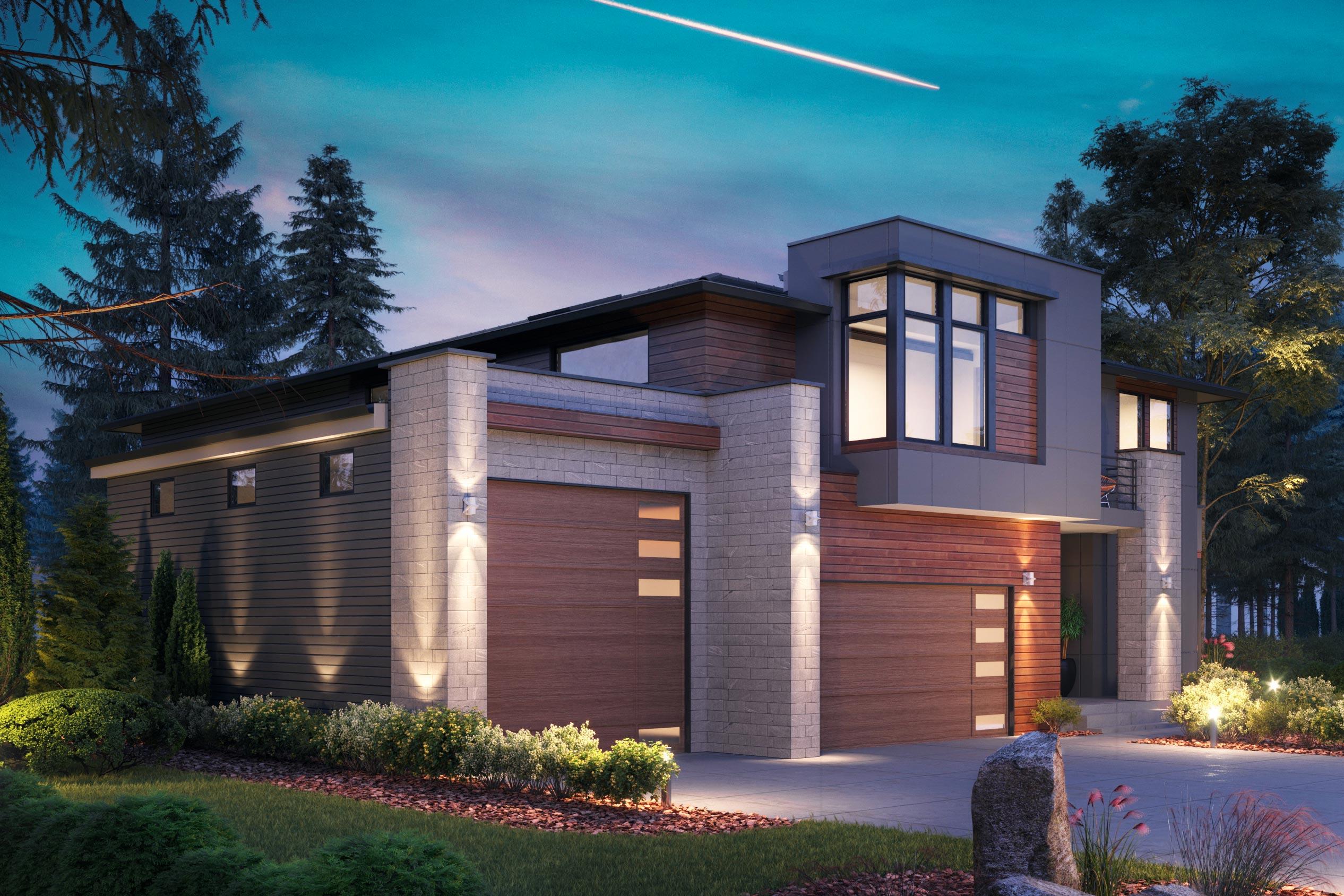 Modern house plan exterior featuring stacked stone columns, horizontal siding, wood garage doors, and a cantilevered upper level with large windows.