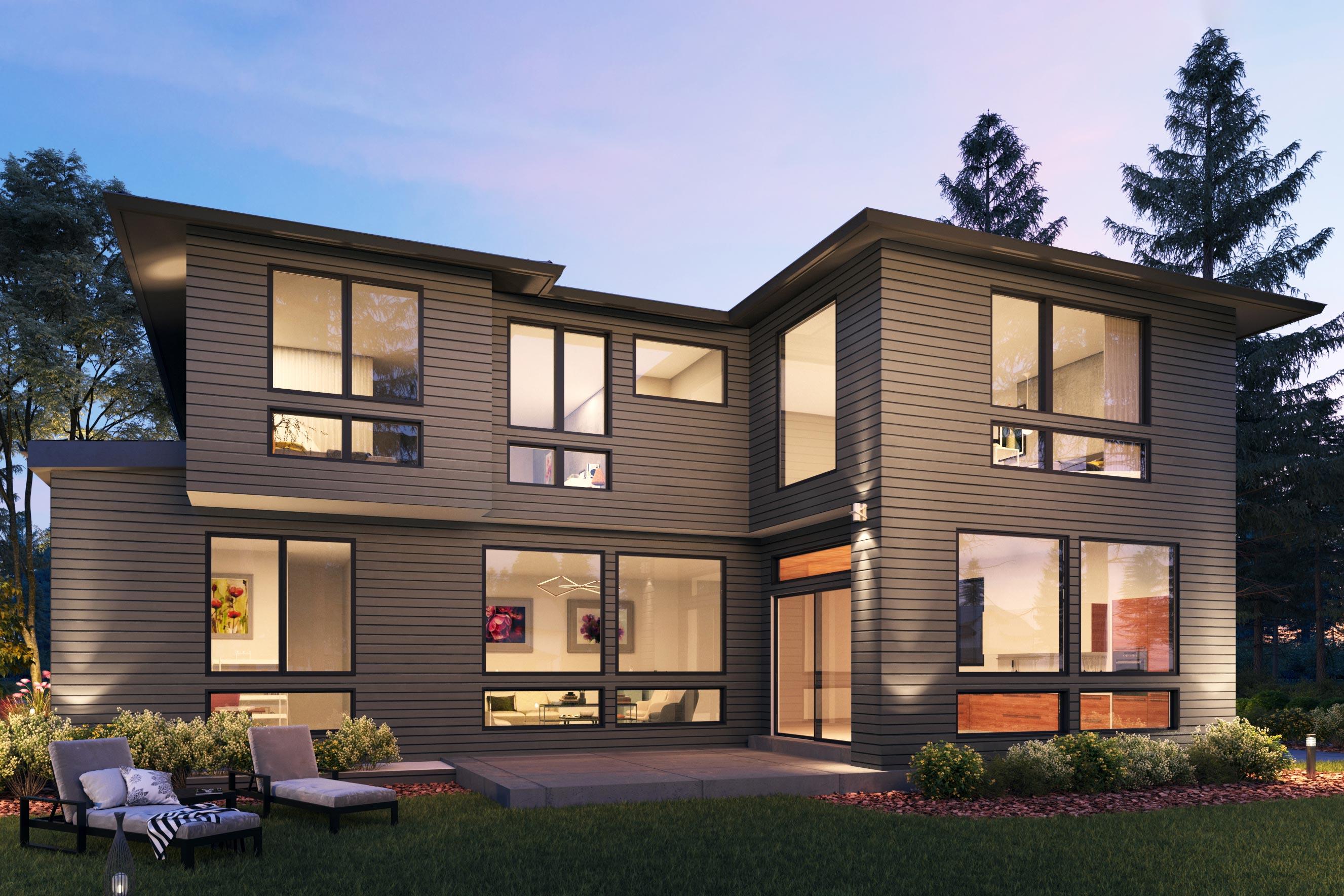 Modern two-story house plan with horizontal siding, large glass windows, and an asymmetric roofline.
