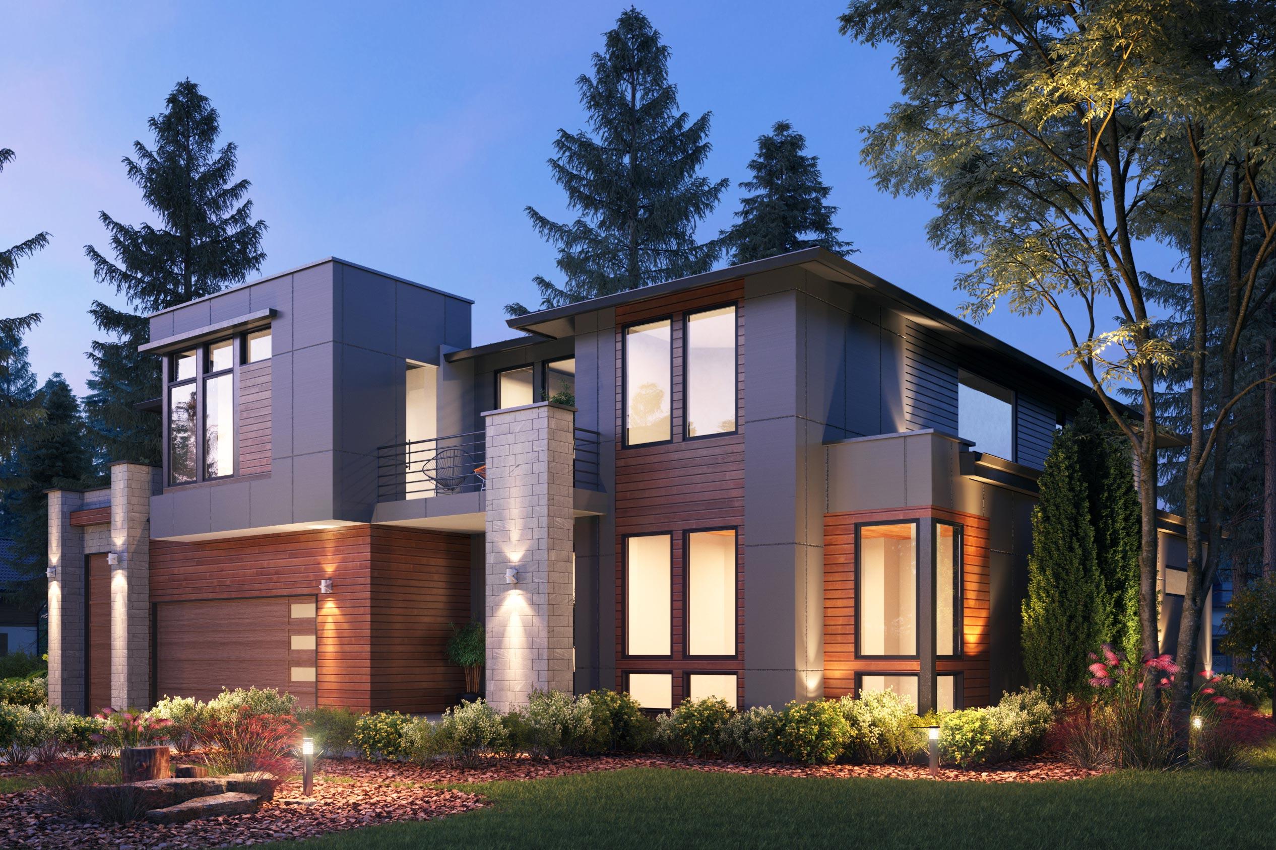 Modern two-story house plan exterior with wood and stone accents, large windows, a balcony, and a three-car garage.