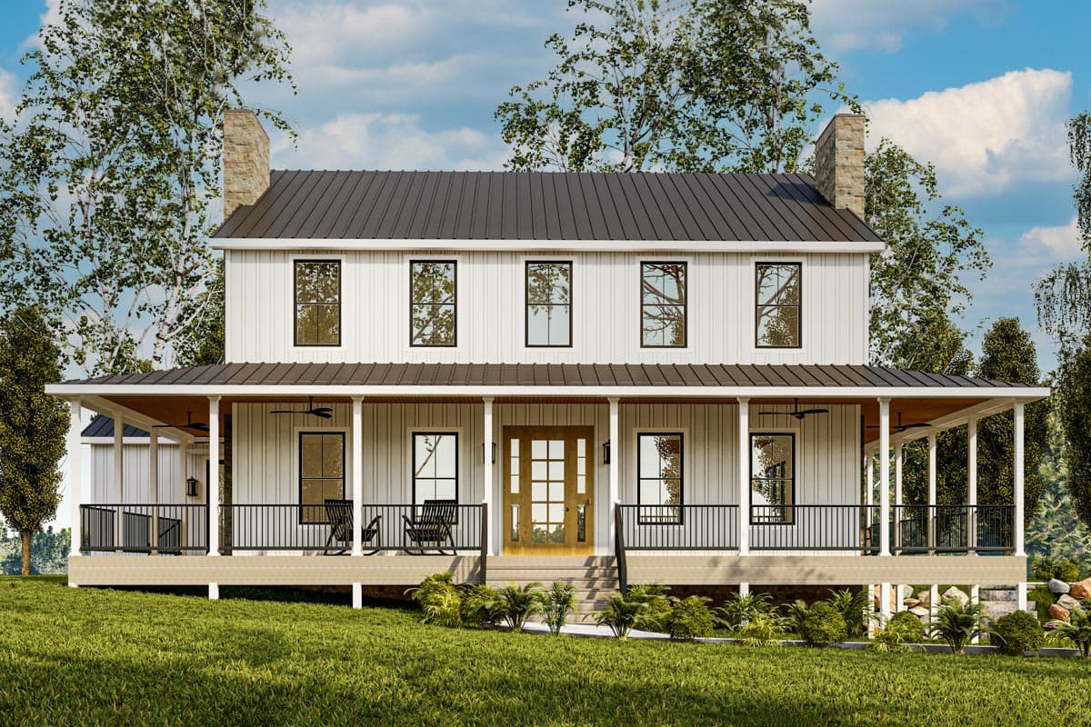 Two-story Modern Farmhouse exterior with a wraparound porch, metal roof, and stone chimneys.