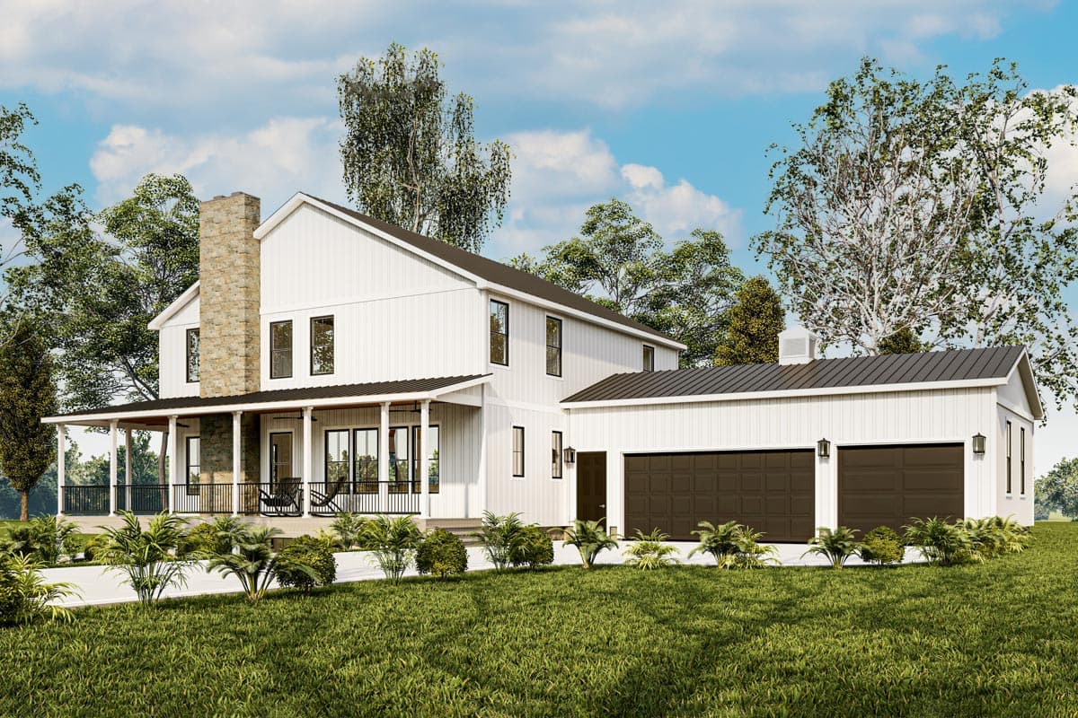 Modern Farmhouse house plan exterior with wrap-around porch, stone chimney, and attached two-car garage with a side entry.