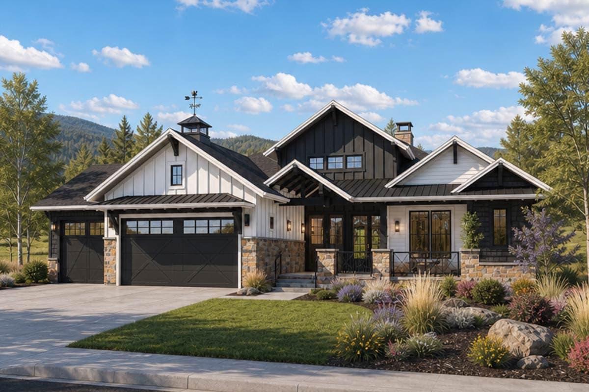 House plan exterior rendering. Modern Farmhouse style with multiple gables, covered porch, and attached garage. Stone accents and weathervane detail.