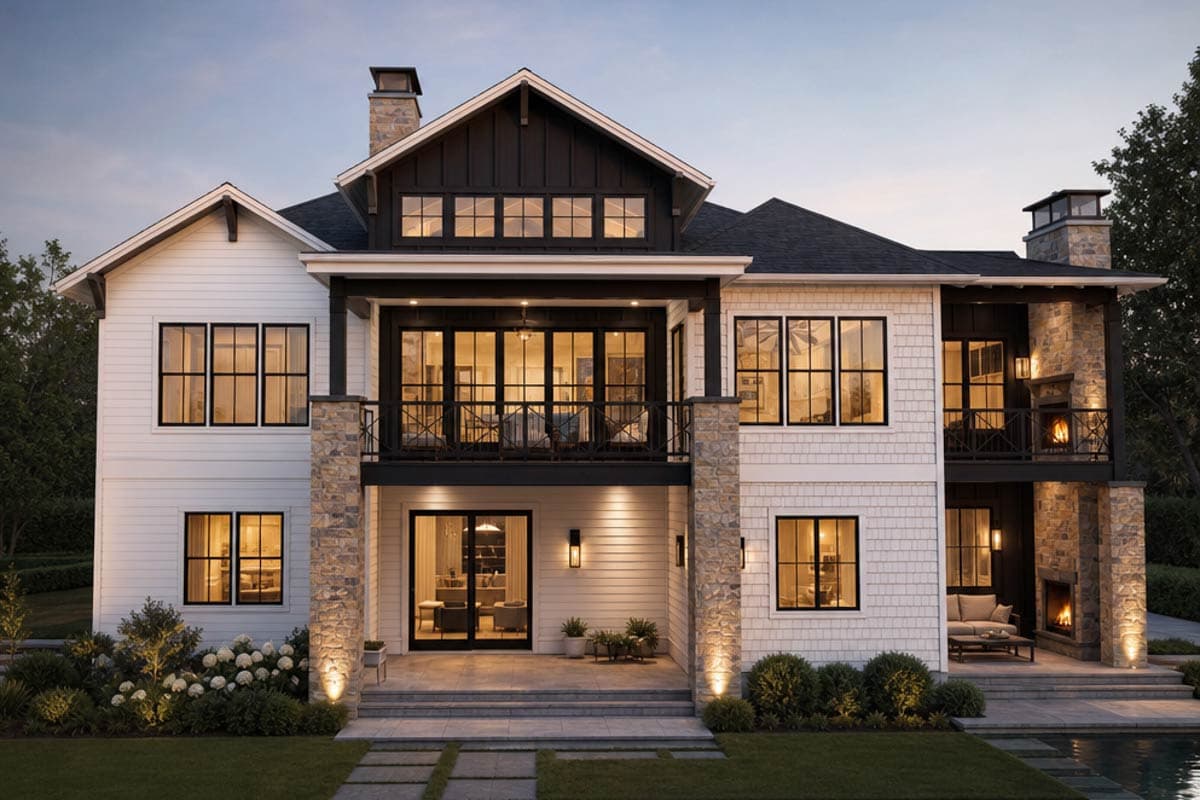 Modern Farmhouse house plan exterior with two stories, gables, stone accents, and a covered second-floor balcony with fireplace.