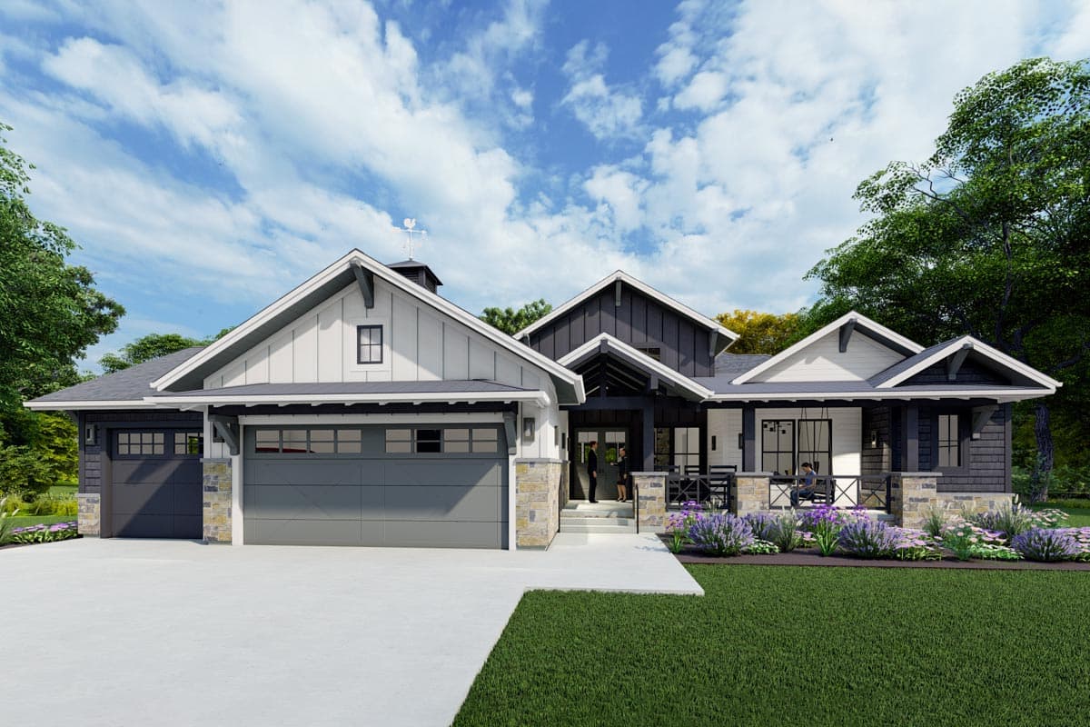 House plan exterior rendering. Modern Farmhouse style with multiple gables, covered porch, and attached garage. Stone accents and weathervane detail.