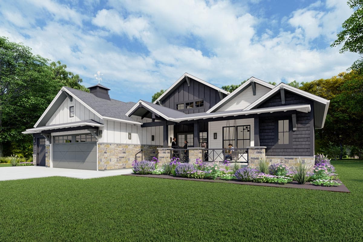 Modern Farmhouse house plan exterior with stone base, board and batten siding, gabled rooflines, and covered porch.