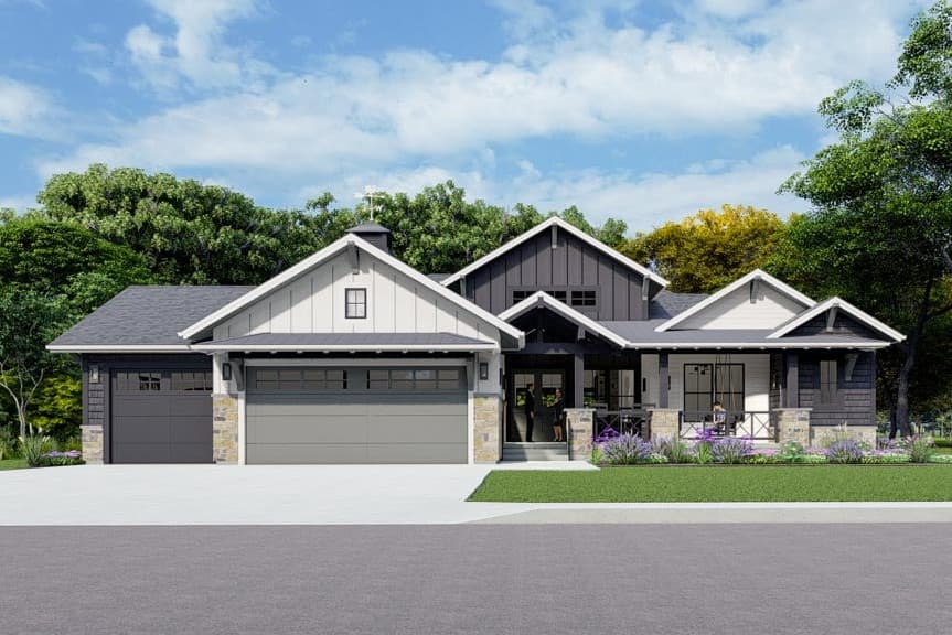 Modern Farmhouse house plan exterior with a three-car garage, gabled rooflines, stone accents, and covered front porches.