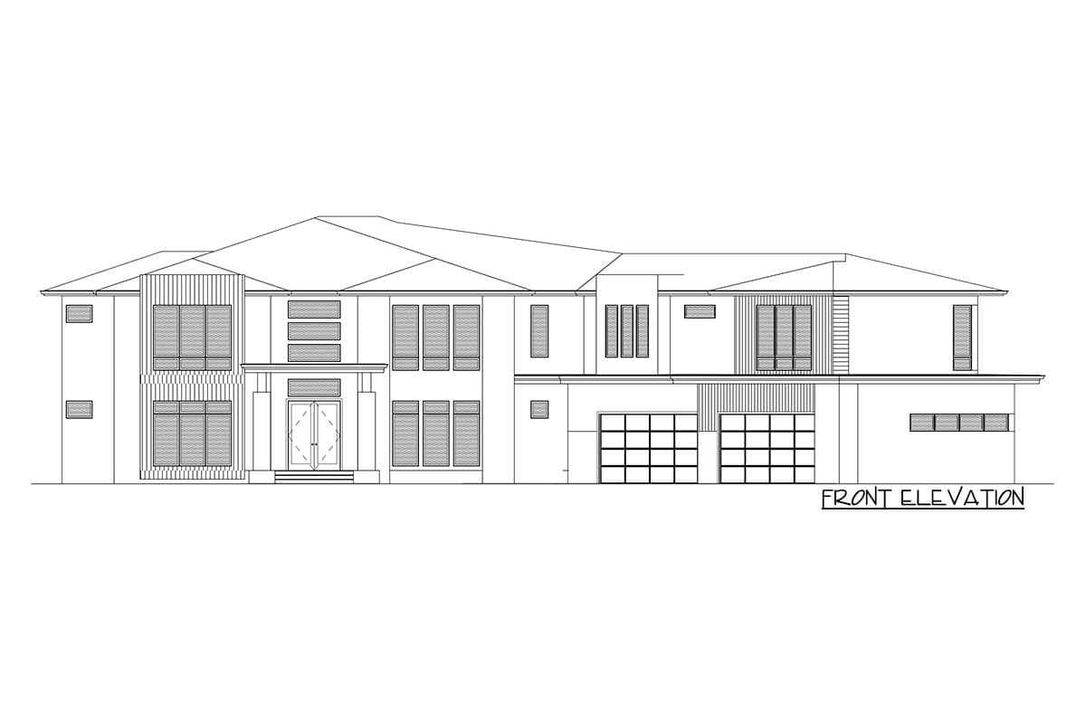 Front elevation house plan drawing with modern architectural style, multiple stories, prominent entryway, and attached garage.