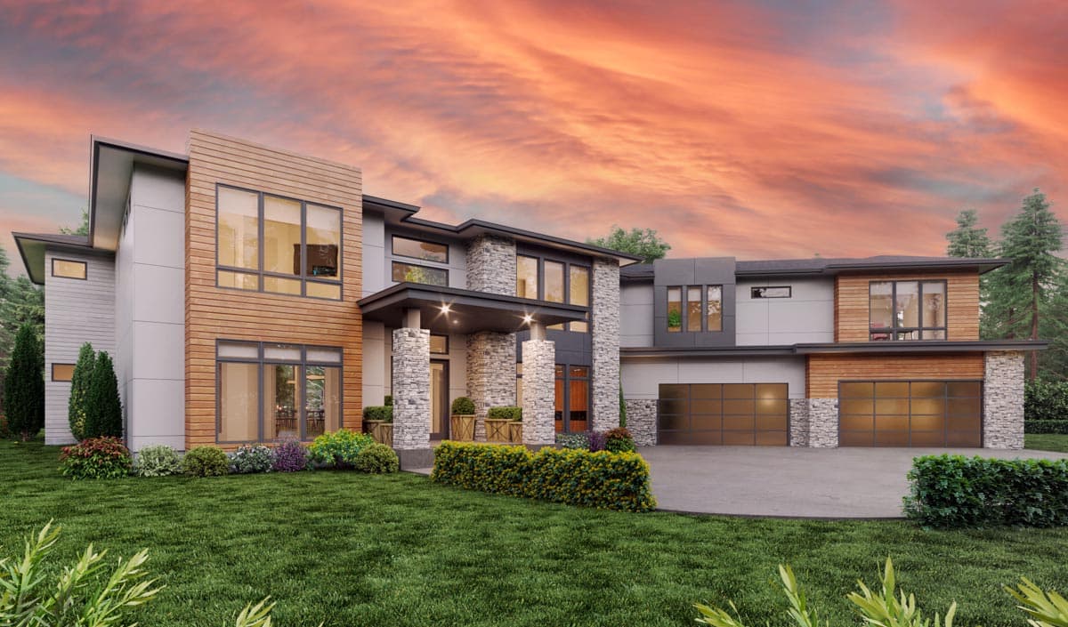 Modern house plan exterior with two stories, wood and stone accents, flat rooflines, large windows, and a three-car garage.