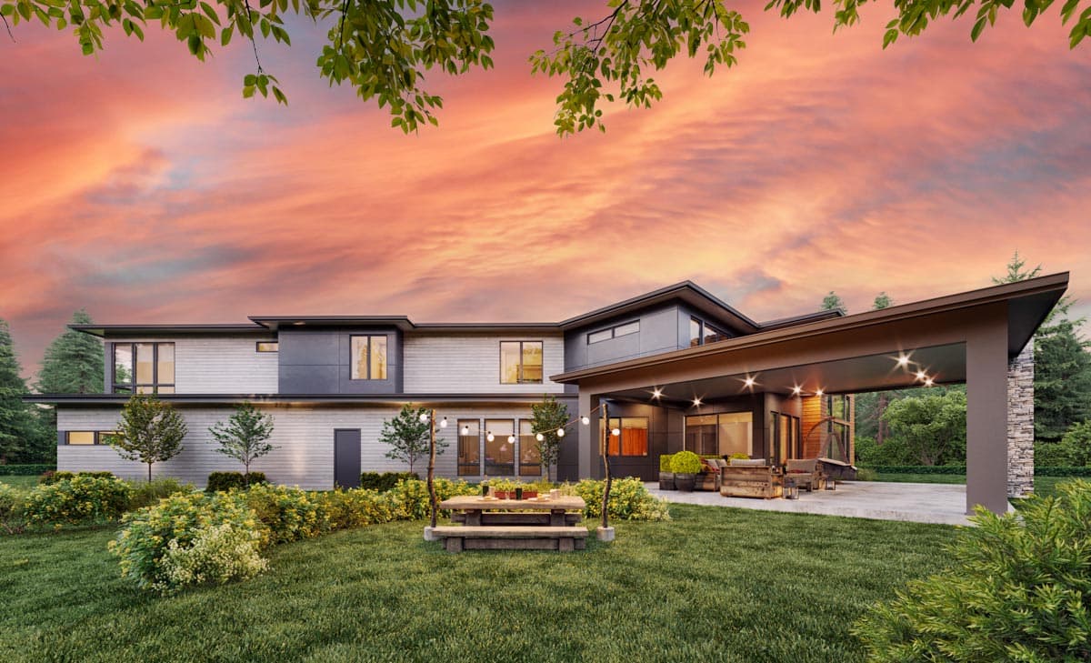Modern house plan exterior with two stories, flat rooflines, expansive windows, and covered patio.