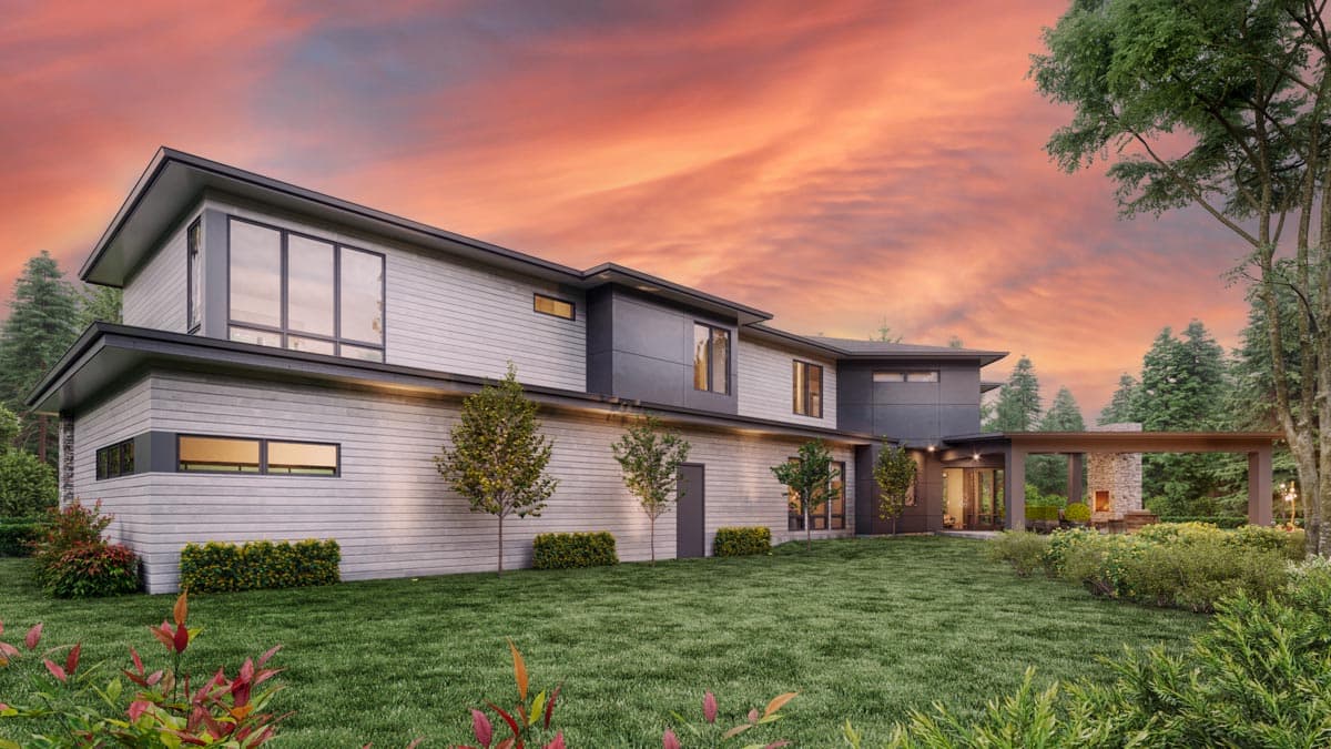 Modern two-story house plan exterior with horizontal siding, large windows, cantilevered sections, and covered patio with stone fireplace.