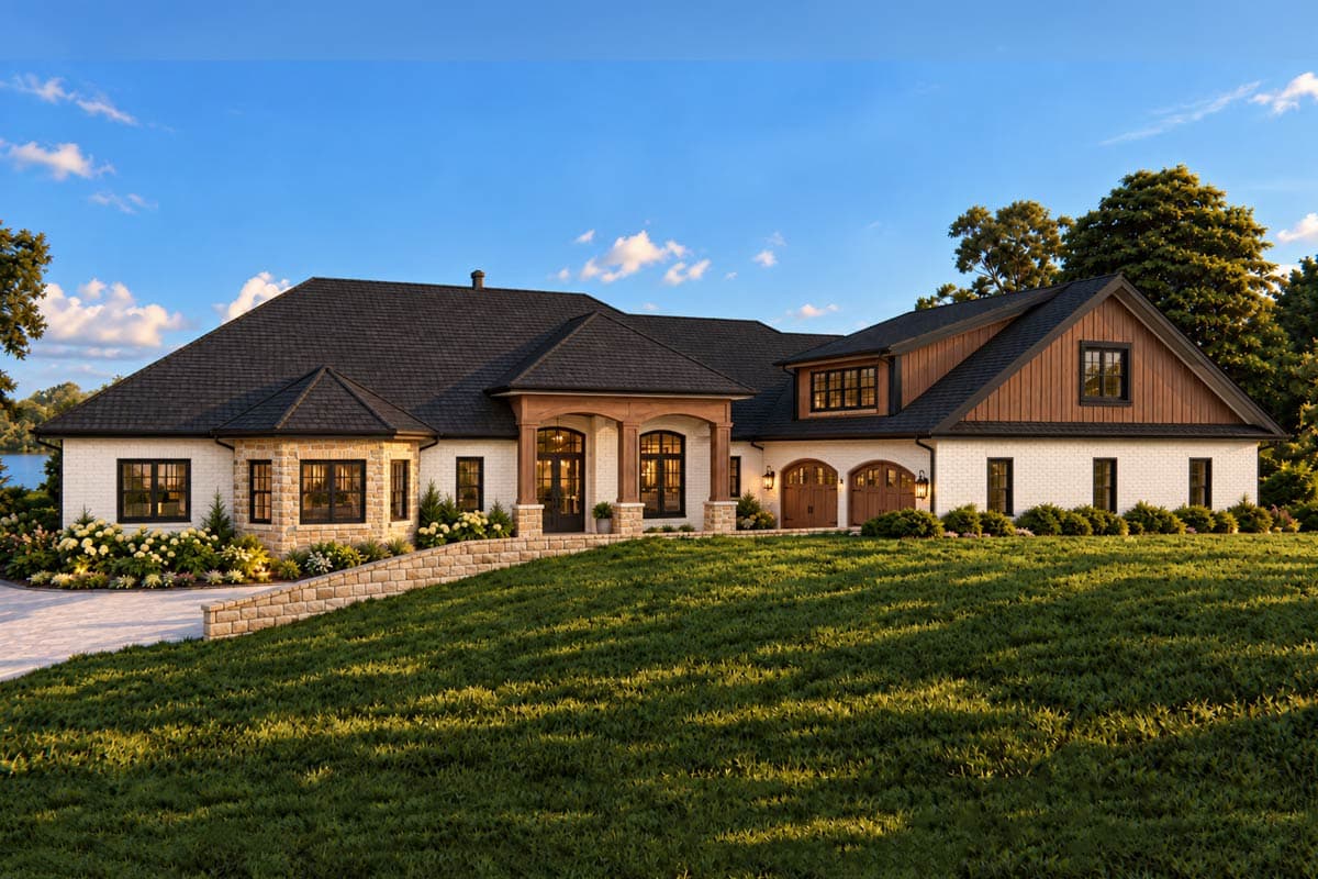 House plan exterior rendering of a one-story Modern Farmhouse with a gabled dormer, stone accents, and a covered entry.