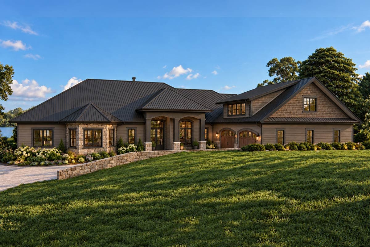 House plan exterior: Ranch style with metal roof, large gables, arched garage doors, and a prominent portico.