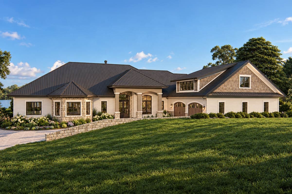 House plan exterior: Ranch-style, single-story home with a stone-accented bay window, metal roof, and attached two-car garage.