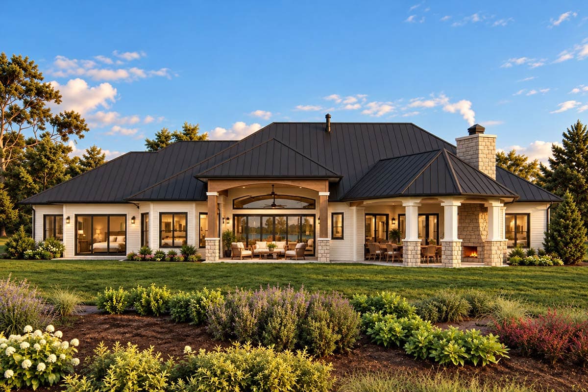 House plan exterior: single-story Modern Farmhouse with a covered porch, gabled dormers, and large windows.