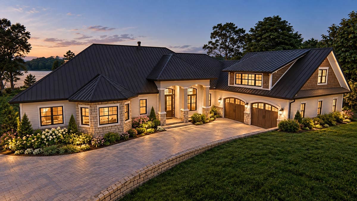 House plan exterior: Single-story modern design with a prominent gable, covered patio with stone chimney, and large windows.