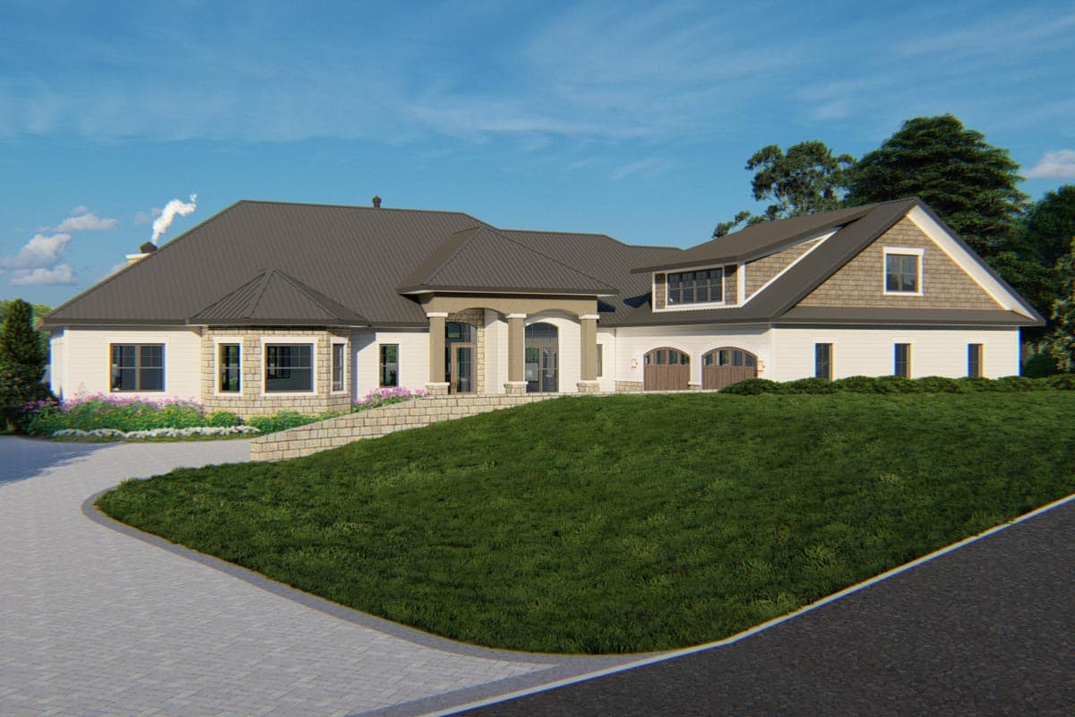 House plan exterior with two stories, a hipped roof, arched garage, and multiple gables. Features a covered entry and stone accents.