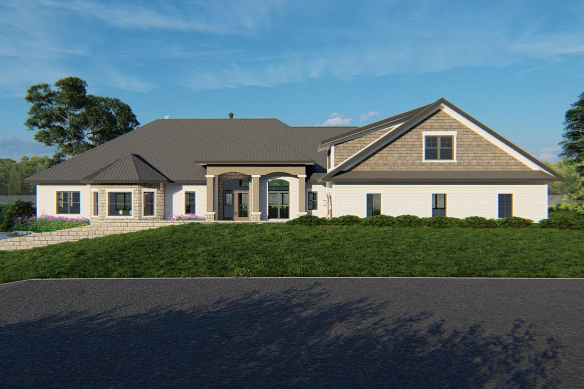 House plan exterior: A one-story modern house with a metal roof, stone accents, arched entryway, and dormer.
