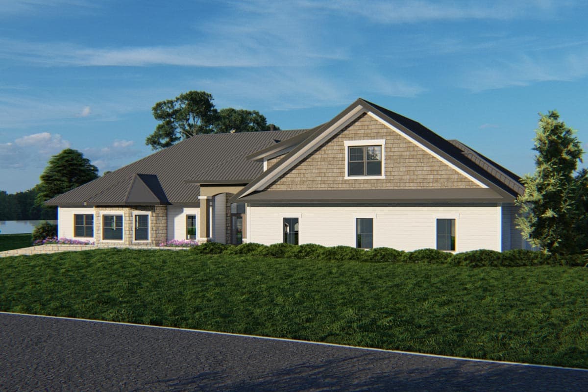 House plan exterior rendering of a one-story Modern Farmhouse with a gabled dormer, stone accents, and a covered entry.