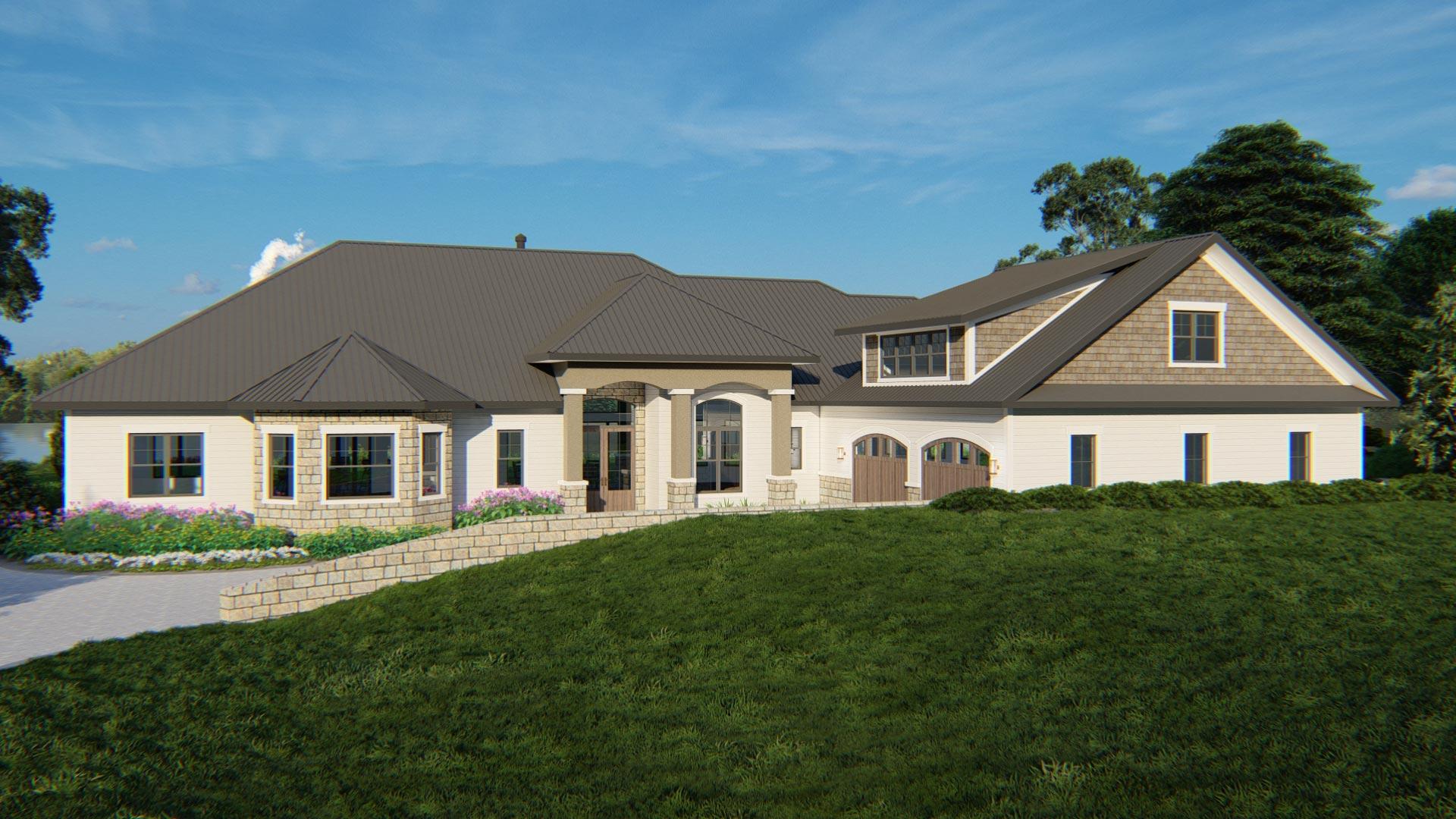 House plan exterior: Ranch style with metal roof, large gables, arched garage doors, and a prominent portico.