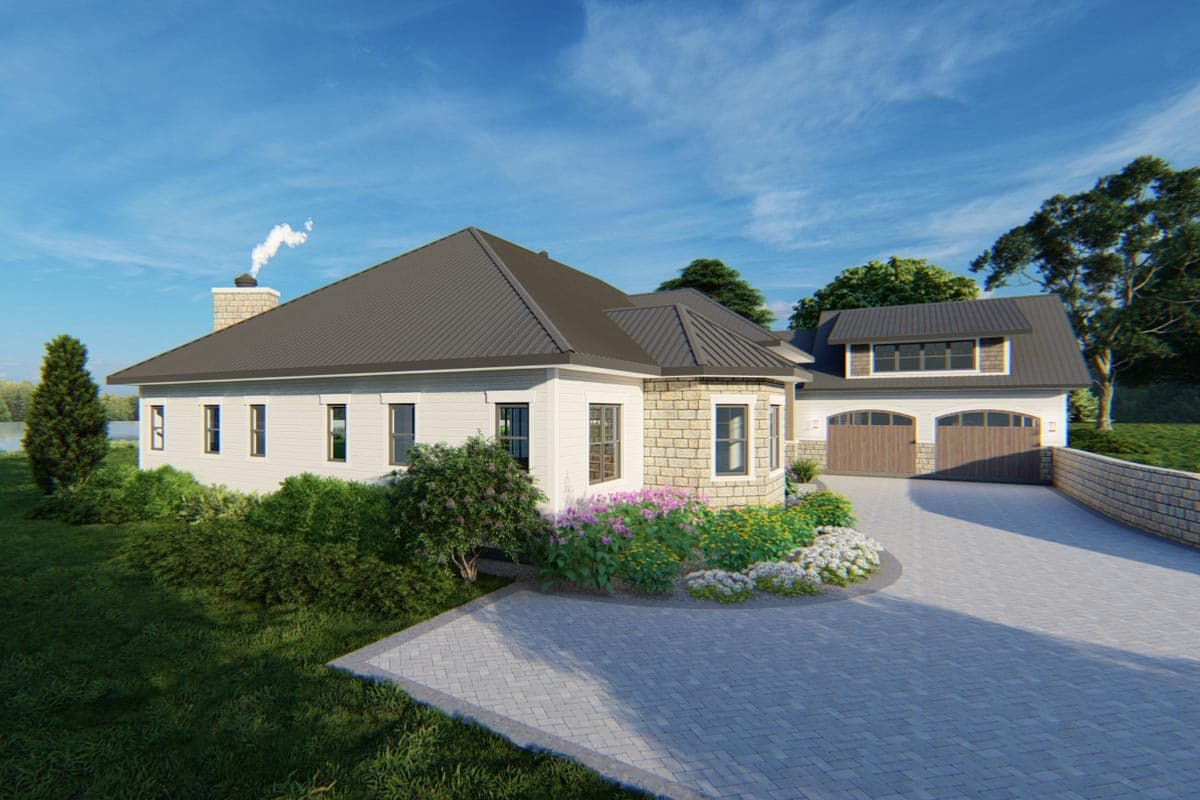 House plan exterior: Ranch-style, single-story home with a stone-accented bay window, metal roof, and attached two-car garage.