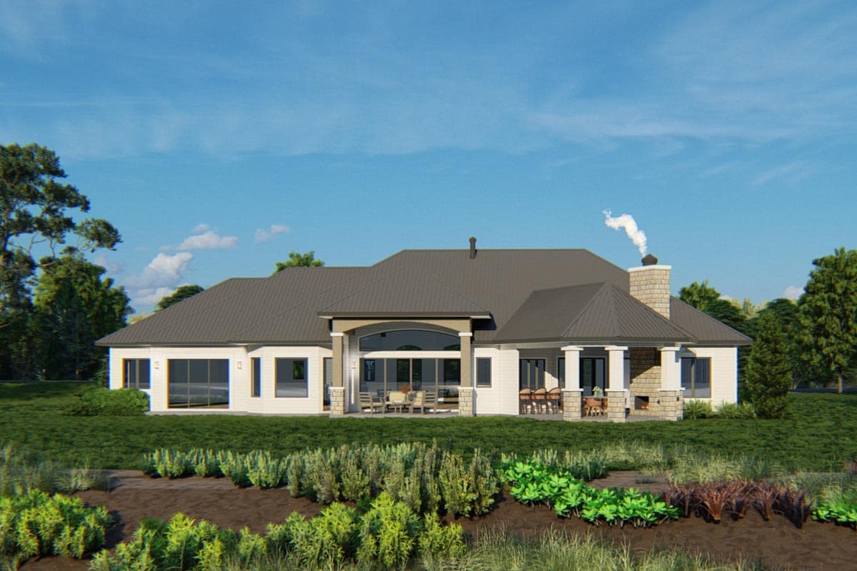 House plan exterior: single-story Modern Farmhouse with a covered porch, gabled dormers, and large windows.