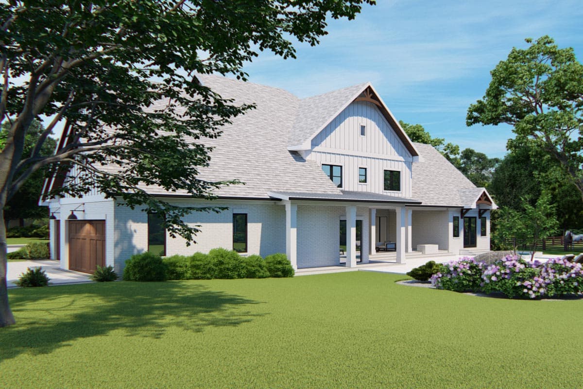 Modern Farmhouse house plan exterior with white brick, gabled dormers, covered porch, and side-entry garage.