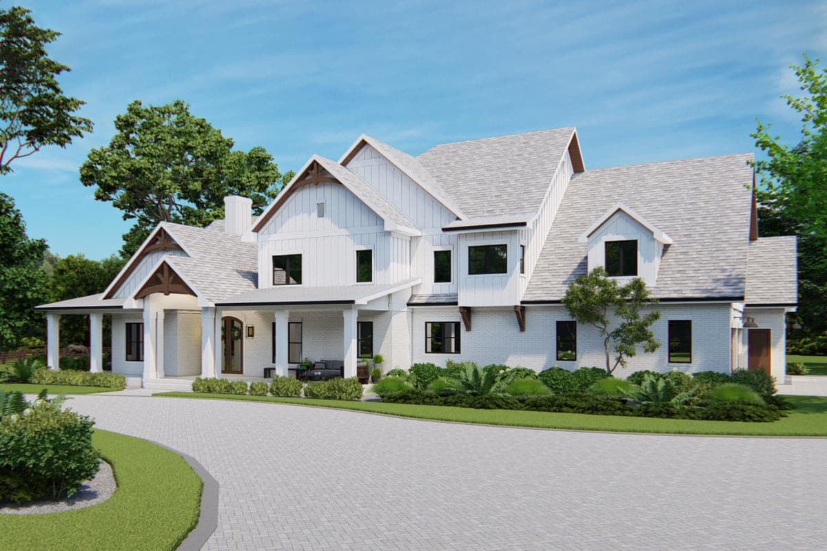 Modern Farmhouse house plan exterior with gables, dormers, wrap-around porch, and side-facing garage.