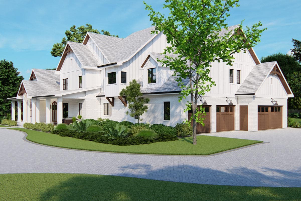 House plan exterior of a two-story Modern Farmhouse with white brick, gables, and a three-car garage.