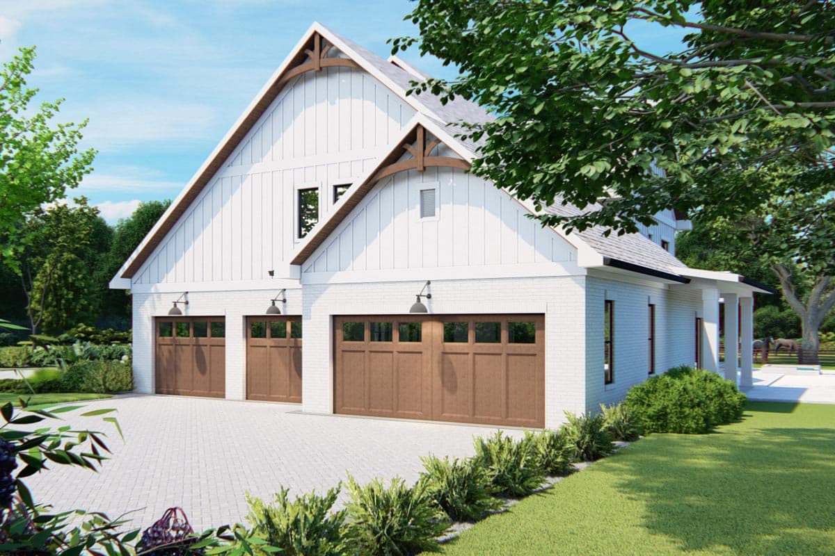 Modern Farmhouse house plan exterior with three garage bays, white brick, board and batten siding, and decorative wood truss beams.