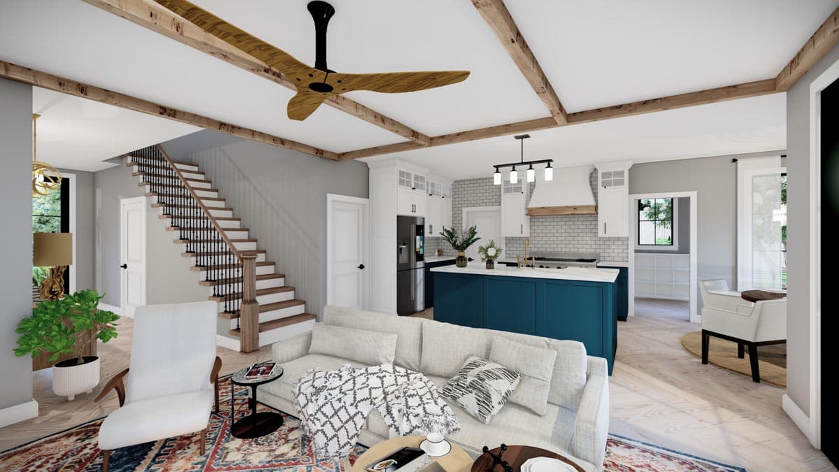 Interior rendering showing open living area with vaulted ceiling, exposed beams, central staircase, and a blue island kitchen.