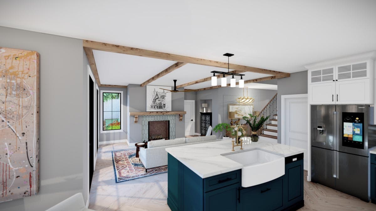 Interior rendering of an open-plan living area with a kitchen island, fireplace, and exposed ceiling beams.
