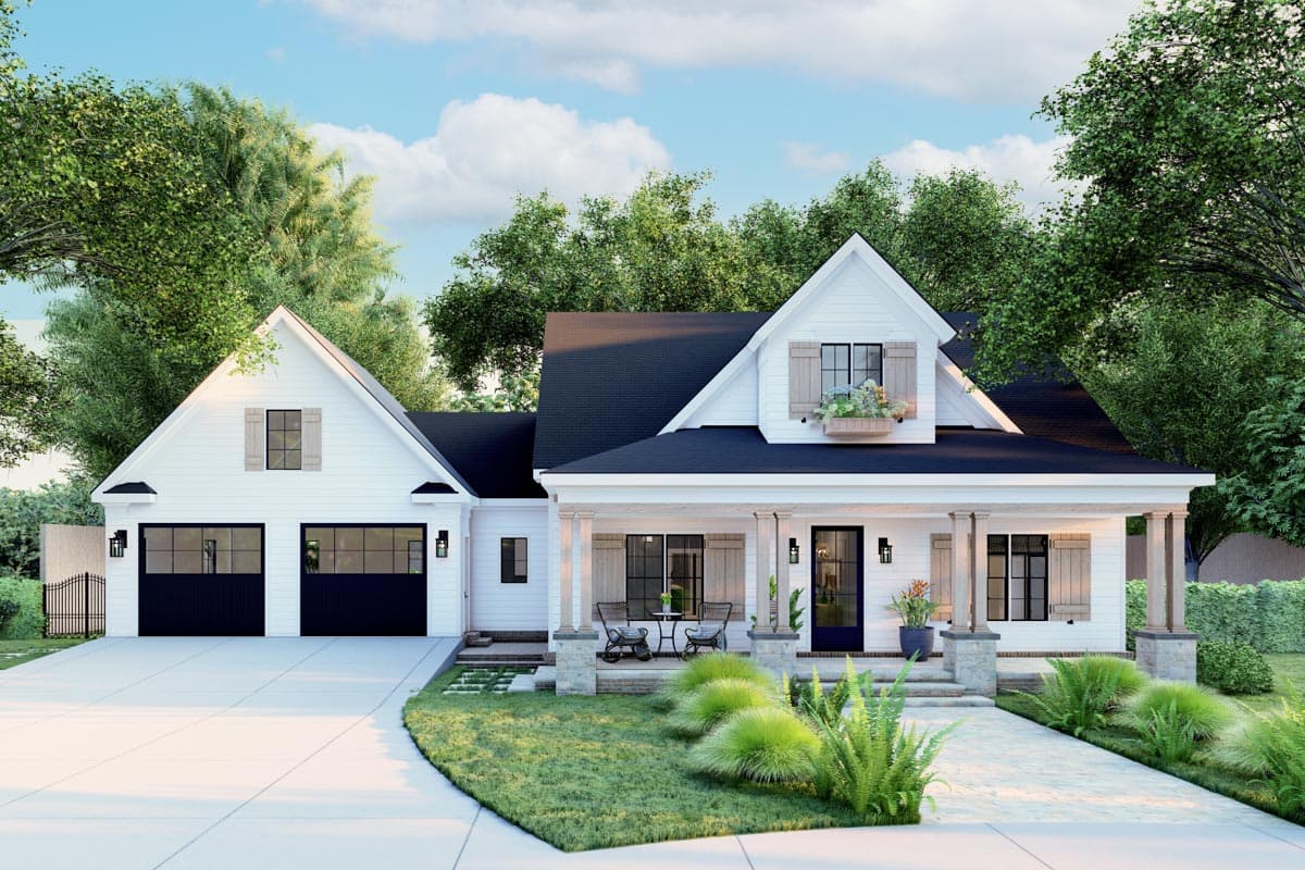 House plan exterior. Modern Farmhouse style, one story, with gables, a covered porch with columns, and a two-car garage.