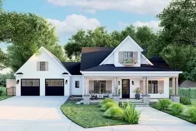 Modern Farmhouse Plan with 2 Beds Down and 2 Beds Up and an Attached Garage
