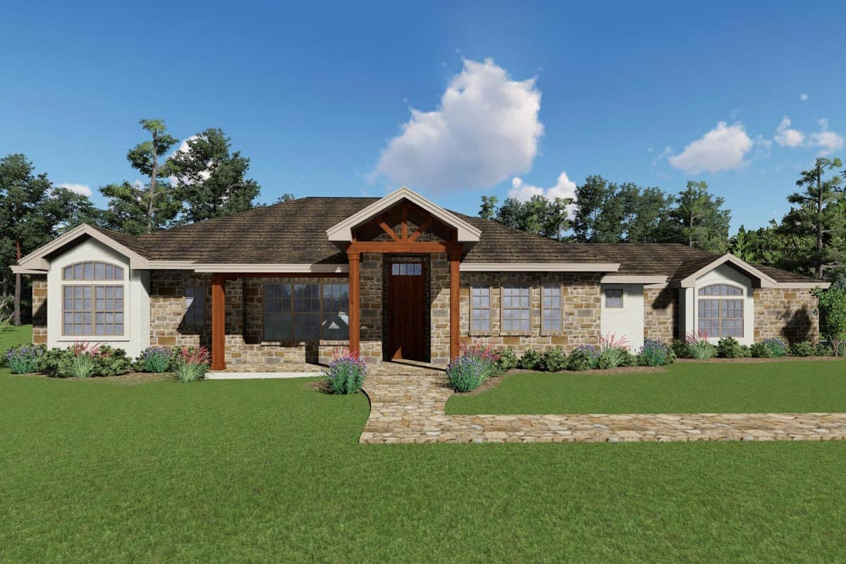 House plan exterior with stone veneer, wooden porch columns, and arched window. Features a low-pitched roof and a stone walkway.