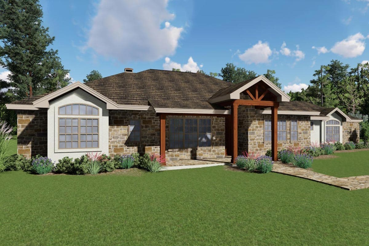 House plan exterior: Ranch style with stone facade, covered entry with exposed beams, arched window, and multiple gables.