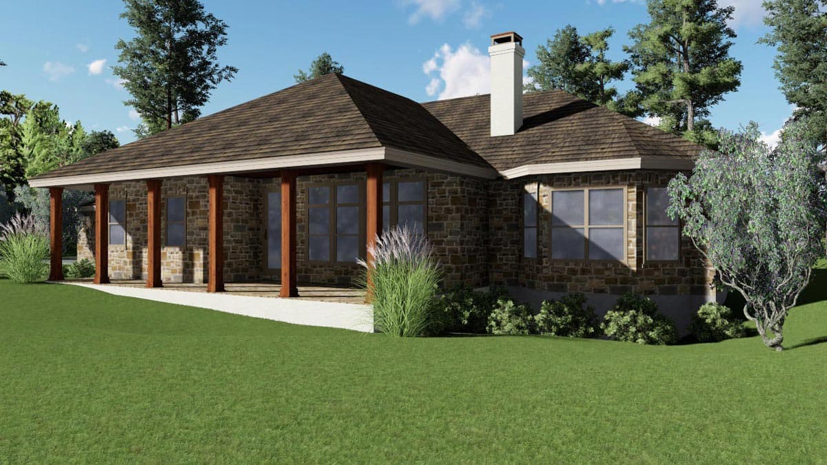 House plan exterior, one story, stone facade, covered porch with wood columns, prominent chimney, and multi-gable roof.