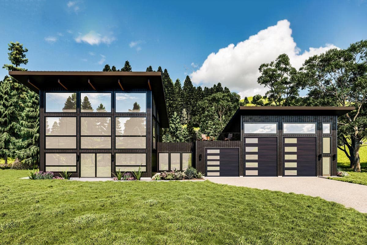 House plan exterior with modern design. Features include large windows, flat rooflines, and a detached garage with multiple bays.