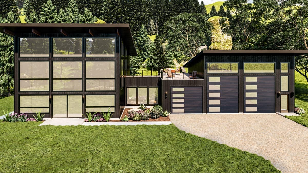 Modern house plan exterior with two stories, large windows, flat roof, and a three-car garage.