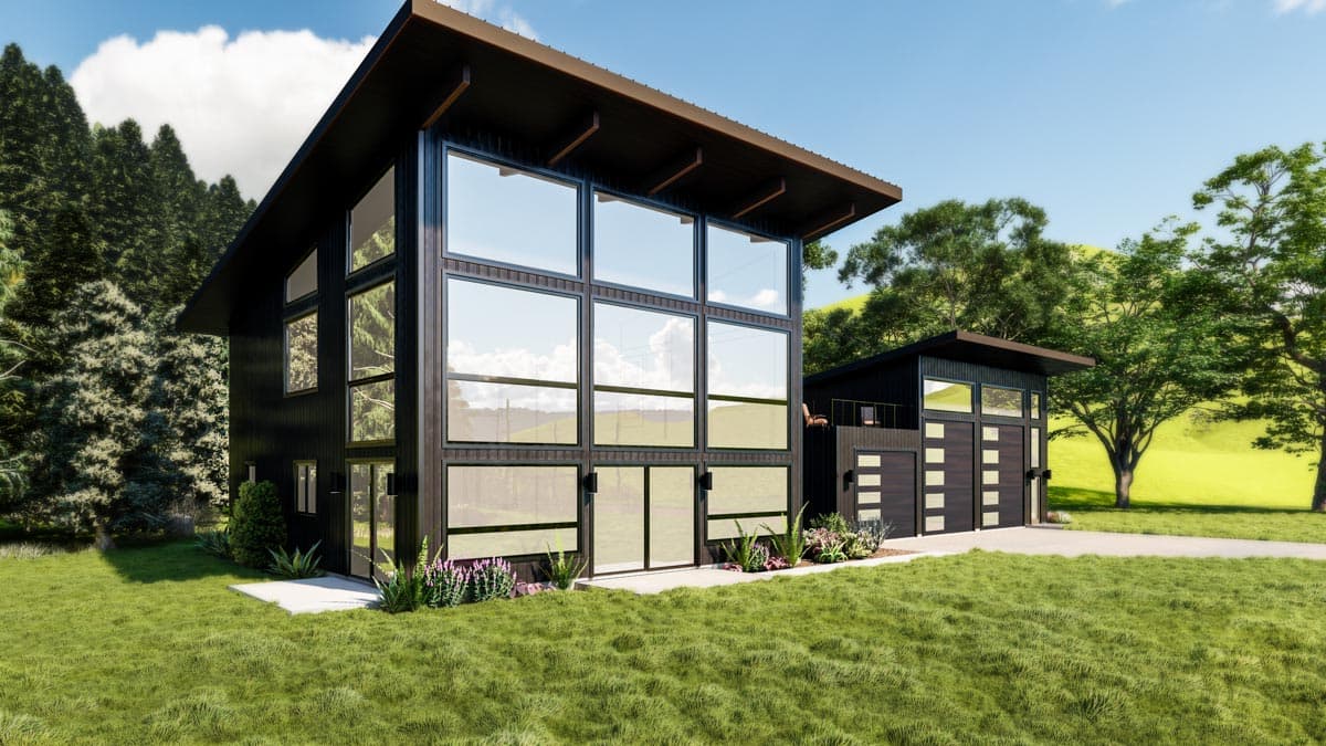 Modern house plan exterior with dark siding, sloped roof, and expansive multi-story windows.