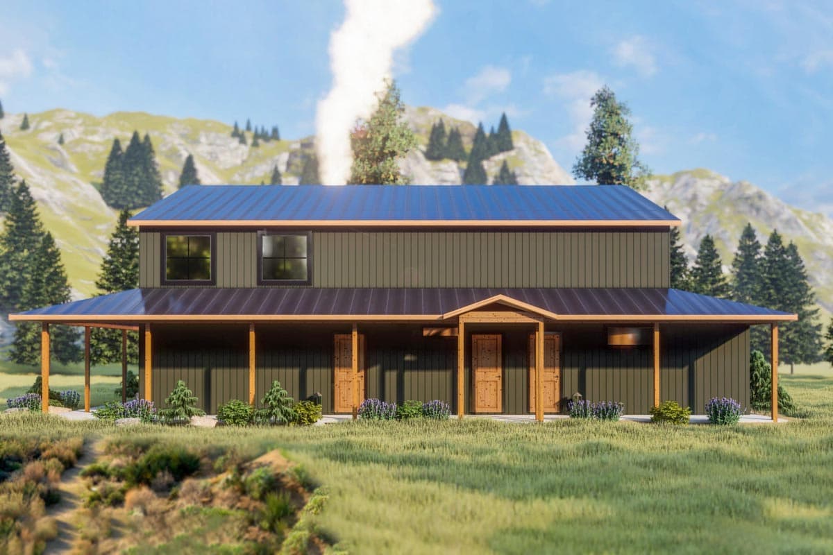 Plan 400002FTY: Pole Building with 8'-deep Wraparound Porch - Image #4 - Barndominium, Country, Mountain