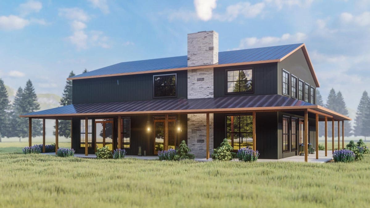 Two-story Modern Farmhouse plan with wraparound porch, stone chimney, and dark siding.