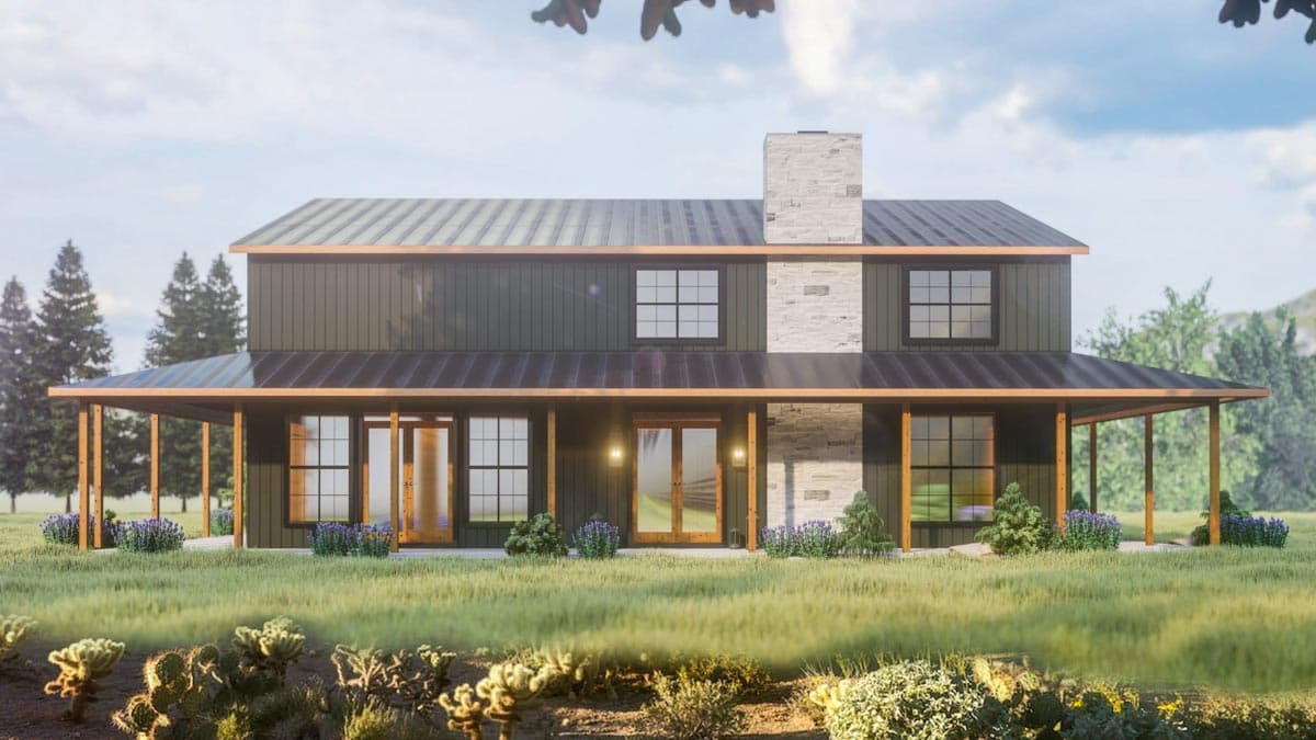 Plan 400002FTY: Pole Building with 8'-deep Wraparound Porch - Image #5 - Barndominium, Country, Mountain