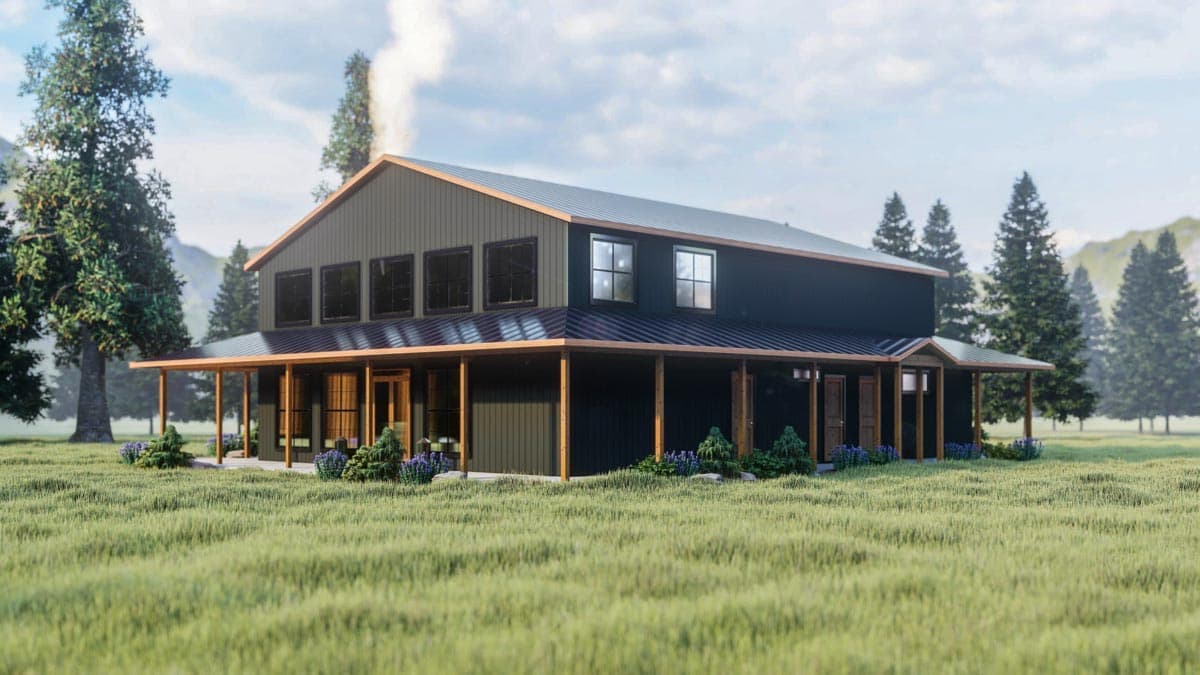 House plan exterior: two-story modern barn style with a wraparound porch, metal roof, and prominent gables.