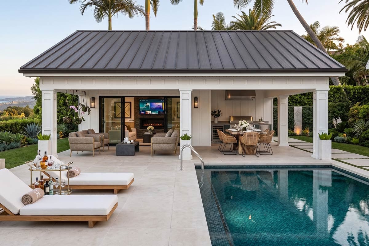 Plan image - 623073DJ:Attractive Pool House with Large Covered Porch and a Fireplace