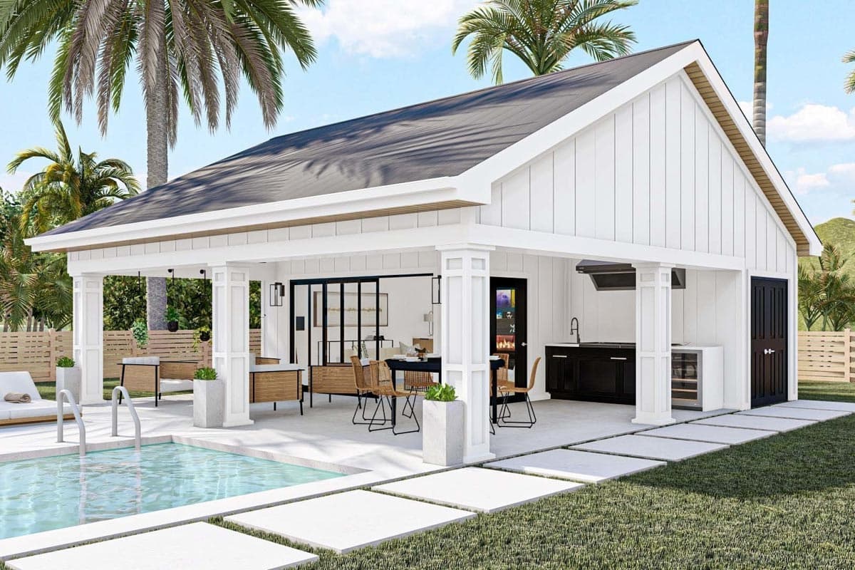 Modern Farmhouse house plan exterior with covered patio, outdoor kitchen, and attached garage.
