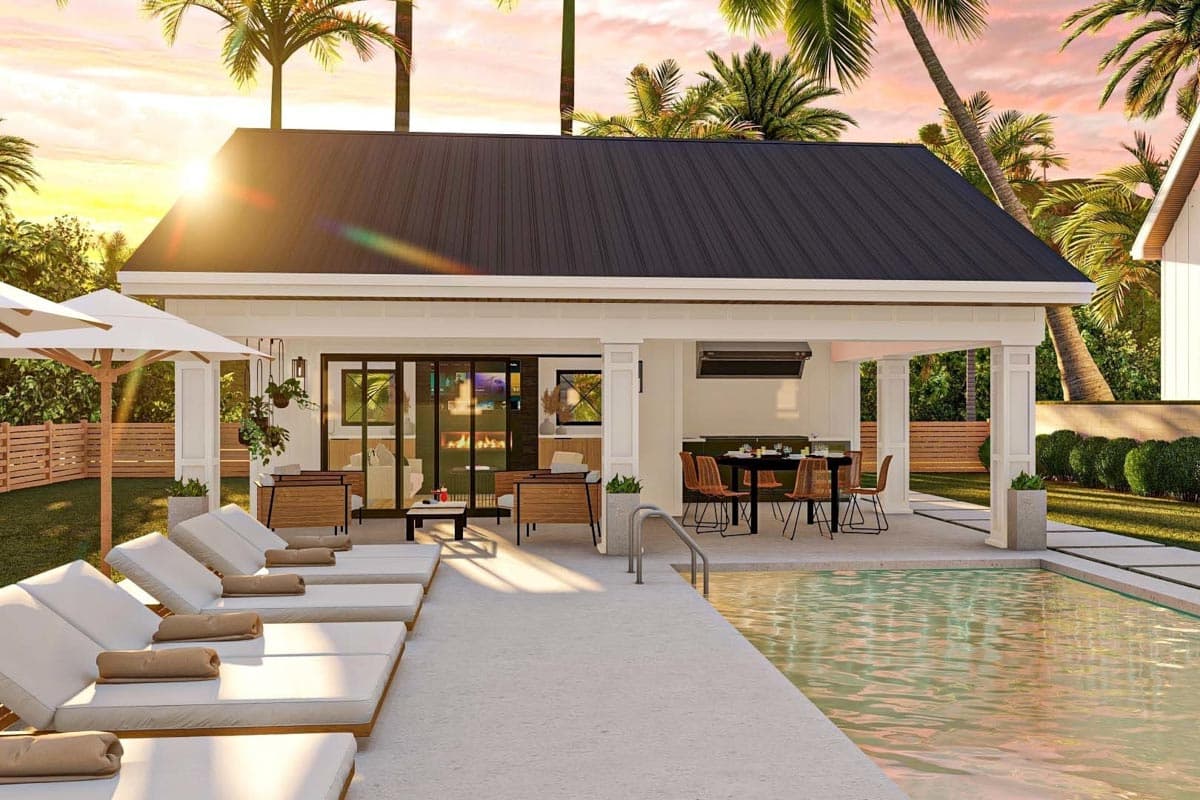 Plan 623073DJ: Attractive Pool House with Large Covered Porch and a Fireplace - Image #7 - Country, New American, Traditional