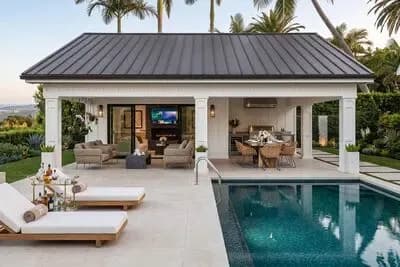 Attractive Pool House with Large Covered Porch and a Fireplace