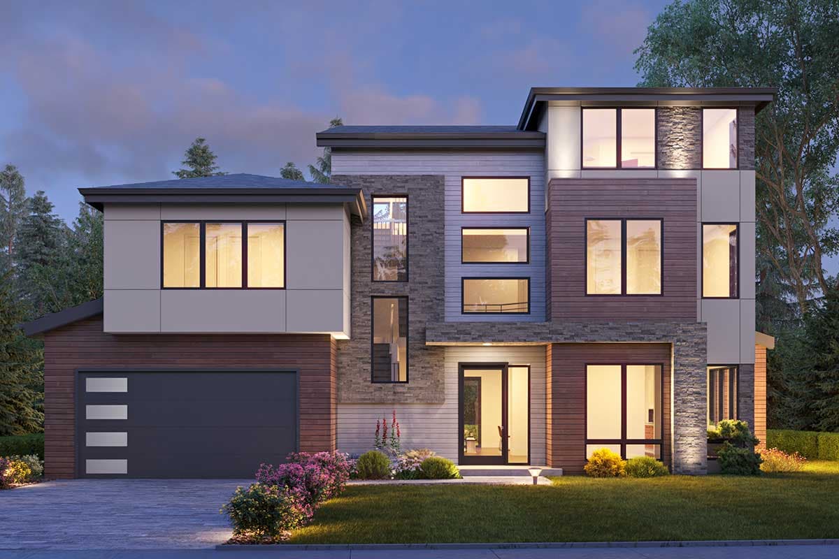 House plan exterior: Modern two-story home with a flat roof, mixed siding materials, large windows, and an attached garage.