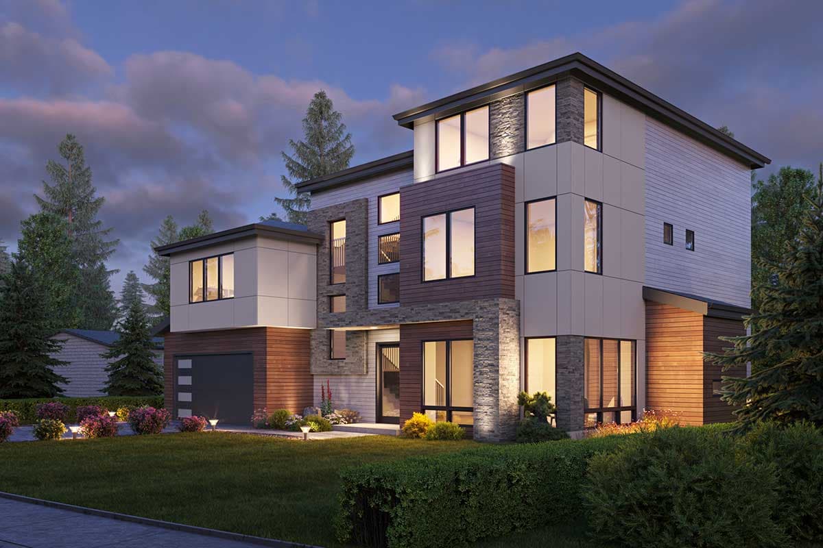 Modern house plan exterior with stone, wood, and stucco finishes, multiple levels, flat roof, and attached garage.