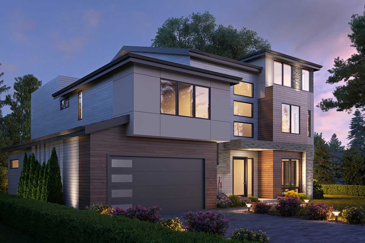Modern house plan exterior with horizontal siding, stone accents, multiple gables, and a three-car garage.